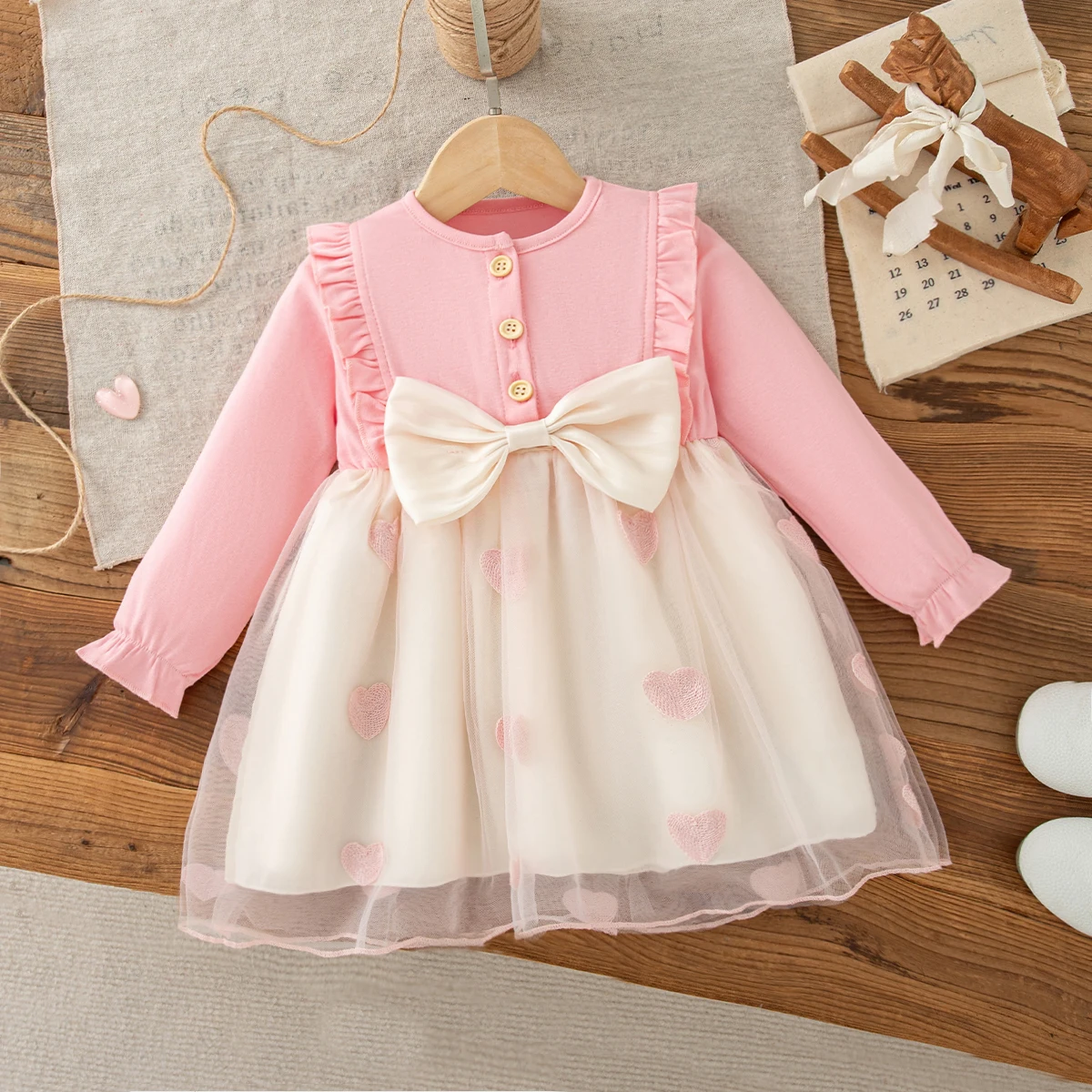 Autumn New Sweet Bow Baby Girl Princess Dress Heart-Shaped Embroidered Chiffon Children'S Clothing (9 Months -4 Years Old)