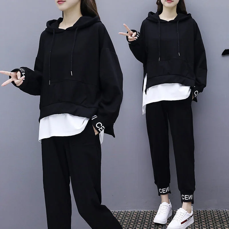 Women's Fashion Spring Autumn New Casual Suit Plus Size Clothing Korean Student Sweater Tops And Pants 2 Two Piece Set For Women