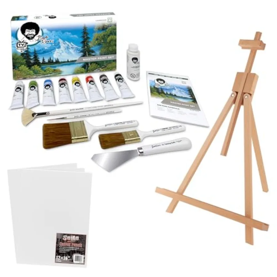 

Набор масляных красок Bob Ross Master Artist, 15 предметов, плюс деревянный настольный мольберт для путешествий и 3 холста 12x16 (3 штуки)