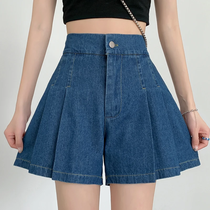 DFRCAEG 2024 Summer Plus Size Denim Shorts For Women High Elastic Waist Blue Or Sky Blue Pleated Mini Large Size Short Femme