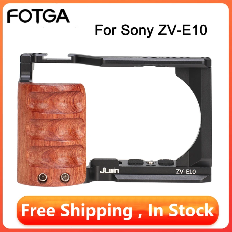 fotga-zve10-camera-cage-wooden-side-handle-top-hand-grip-quick-release-plate-cage-rig-kit-protective-for-sony-zv-e10-dslr-camera