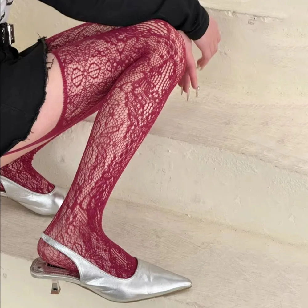 

Sexy Brown Coffee Floral Pattern Stockings Mesh Hollow Out Thigh High Socks With Suspender Fishnet Stockings