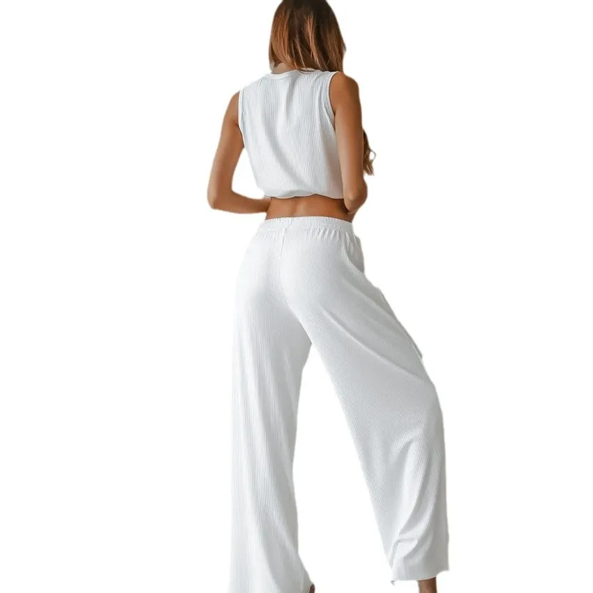 Pajama Sets Women Vest Pant Suit Sleepwear Nightwear Homewear Casual Sleeveless Waistcoat Elastic Loose Waist Pants Female