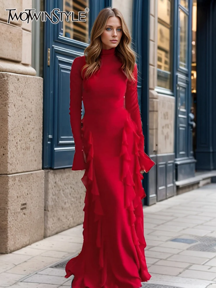 TWOTWINSTYLE Solid Patchwork Folds Elegant Dresses For Women Stand Collar Long Sleeve High Waist Minimalist Dress Female New