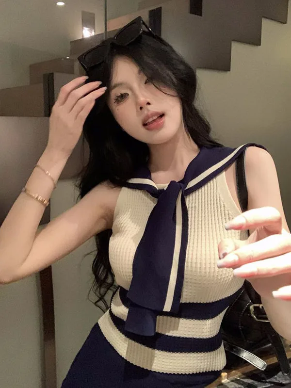 College Style Miu Navy Collar Sleeveless Knitted Top Women Summer Unique Super Beautiful Waist Cinching Youthful Short Length