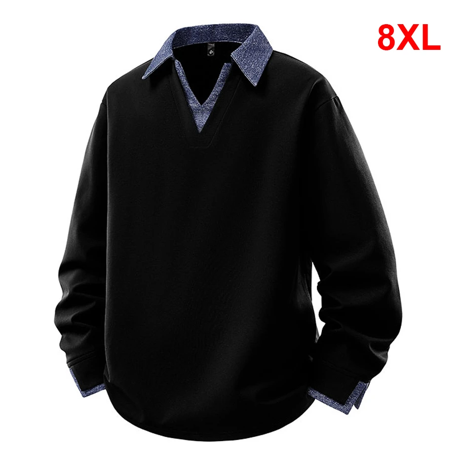 8XL Plus Size Sweatshirts Men Spring Autumn Fake Two-piece V-neck Sweatshirt Fashion Casual Pullover Male Big Size 8XL