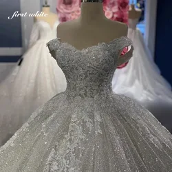 Customized V-Neck Shiny Off The Shoulder Appliques Wedding Dress Ball Gown Floor Length Sweep Train Lace Up Bridal Gown