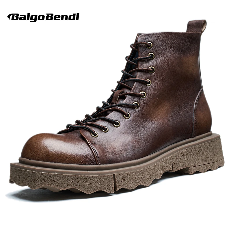 Thick Heel  Ankle Boots Men's Leather High-top British Retro Outdoor Work Shoes All-match Winter