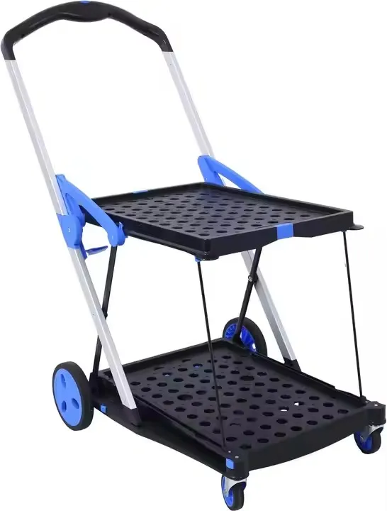 2 Tier Portable Hot Sale Folding Shopping Cart Fordable Plastic Trolley 4 Wheels Carts for Shops