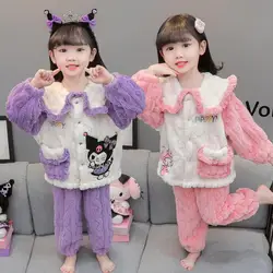 Sanrios Child Pajamas Coral Fleece Girl Kawaii Cartoon Autumn Winter Thicken Keep Warm Plus Velvet Child Lounge Clothes Suit