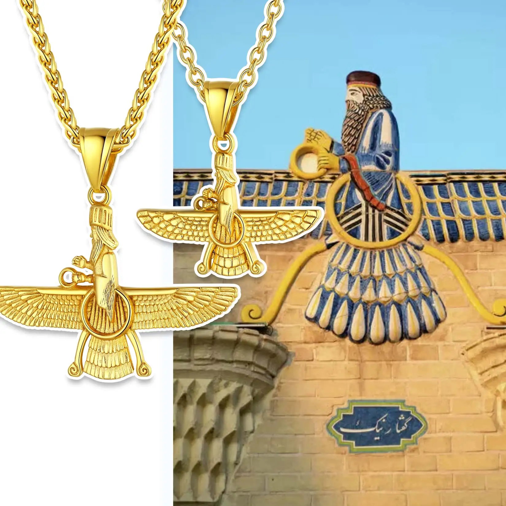 U7 316L Stainless Steel Iranian Size S/L Faravahar Necklace Fravashi Spiritual Power Ancient Persia Symbol Unisex Jewelry Gift