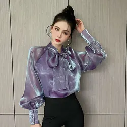 Chiffon Women Shirts Summer 2023 Solid Long Sleeve Fashion Y2k Blouses Loose Korean Top Bow New Casual Blusa