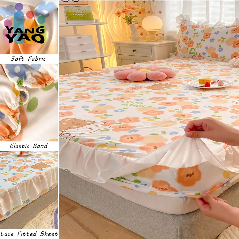 

Floral Printed Bed Covers 150x200 lençol de cama casal Lace Style Fitted Sheets Breathable Mattress Cover(Pillowcase Need Order)