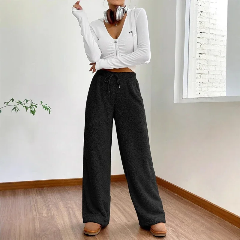 Pantalones de lana cálidos de felpa de Color liso para mujer, pantalones de chándal informales holgados con cordón para otoño e invierno, pantalones de chándal de Material cómodo de cintura alta