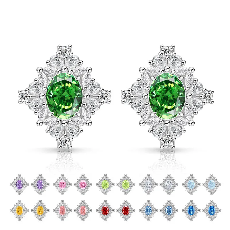 

925 Sterling Silver Ice Flower Cut High Carbon Diamond Rhombus Design Zircon Stud Earrings Bright Light Luxury Jewelry