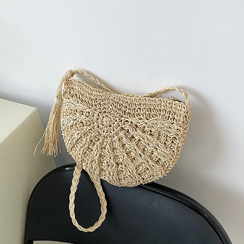 Mode Halbkreis Stroh Gewebt Schulter Umhängetasche Reise Kleine Handtasche Damen Sommer Handgemachte Rattan Quaste Design Strand Tasche – Detail 4
