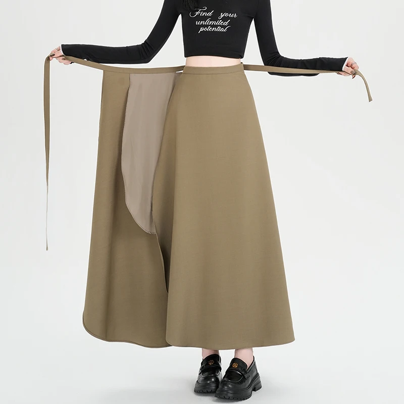 

Универсальные женские цельные юбки с завязками длиной 90 см, винтажные однотонные повседневные женские юбки трапециевидной формы с завышенной талией нестандартной формы 2025 года