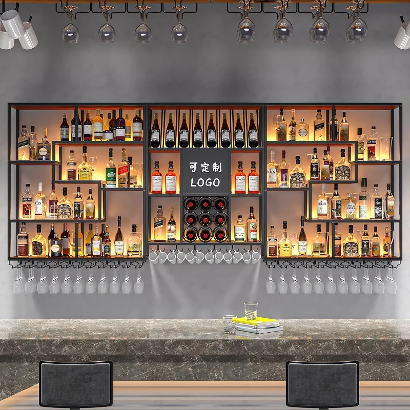 

Popular bar counter wine cabinet wall-mounted rack Qingba industrial style wine cabinet display rack light luxury