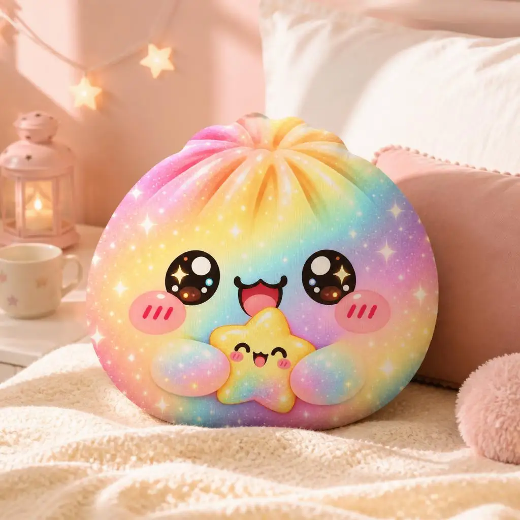 Cute Rainbow Bun Shaped Throw Pillow Kawaii Star Cushion Stuffed Decorative Pillow for Sofa Bedroom Nursery Home Decor Gift