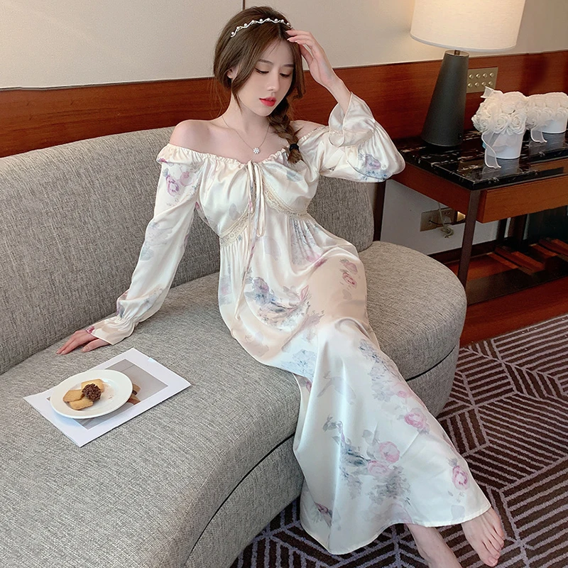 Women\'s Long Sleeve Nightdress Flower Print Sleepwear Sexy V-Neck Night Dress Ladies Satin Silk Pajama Home Loungewear Nightwear