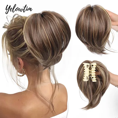 Imagen 1 del producto Yelowtim-moño desordenado para mujer, pieza de pelo con pinza, moño para el pelo, extensión de cola de caballo recta corta y alta, Updo despeinado