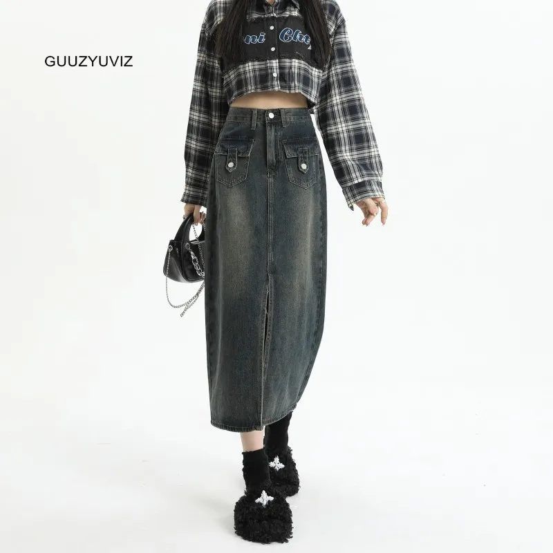 

GUUZYUVIZ High Waisted A-line Slit Pocket Denim Skirt For Women