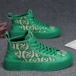 2024 Hot sale Green Men's Canvas Shoes Red Fashion Print High top Casual Sneakers Men Spring Breathable Vulcanized Shoes Men