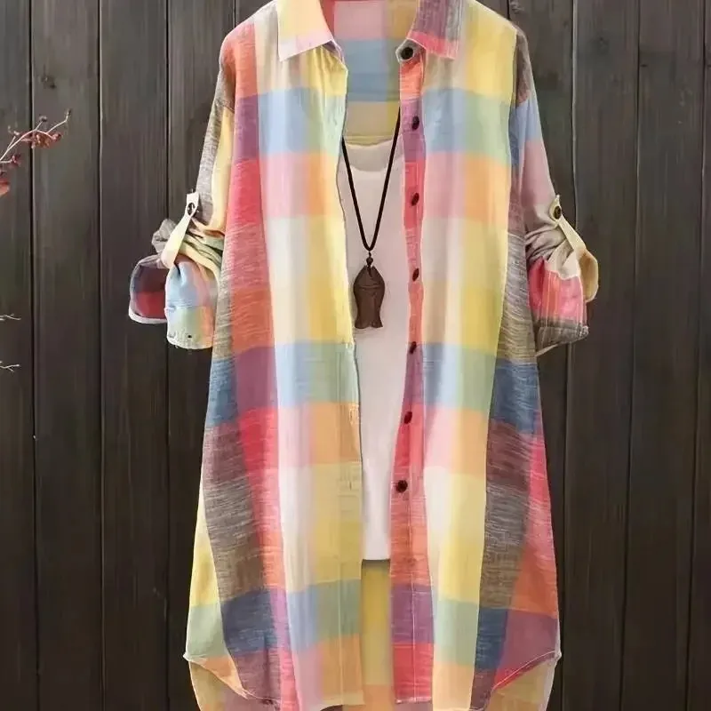 

Casual Checked Mid-length Shirt, Fashionable Women's Loose Button Autumn New Long-sleeved Winter Sun-protective Checked Shirt