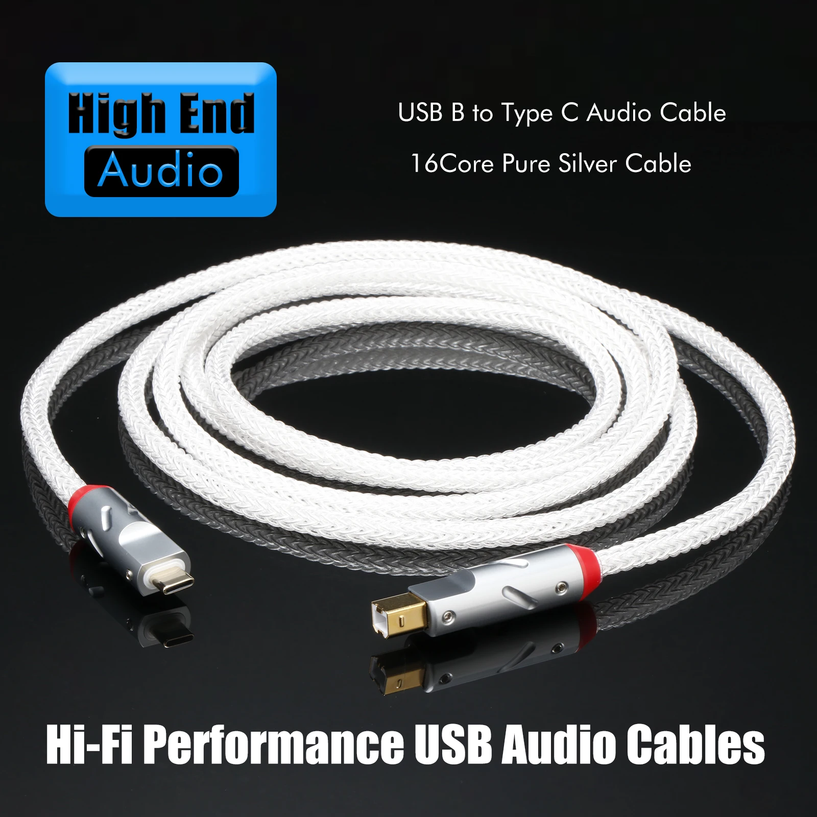 Preffair 16core 4N pure silver USB B to Type-C cable sterling silver audio cable with gold plated plug for computer amplifier