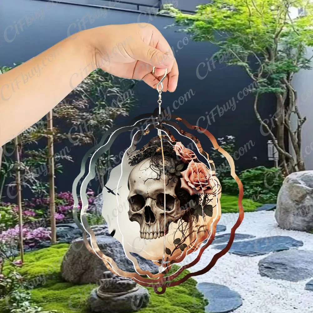 CIFBUY Wind Chime Skull Rose Bird Gothic Dark 360° Rotating Metal Spinner Outdoor Garden Yard Porch Hanging Decor Gift