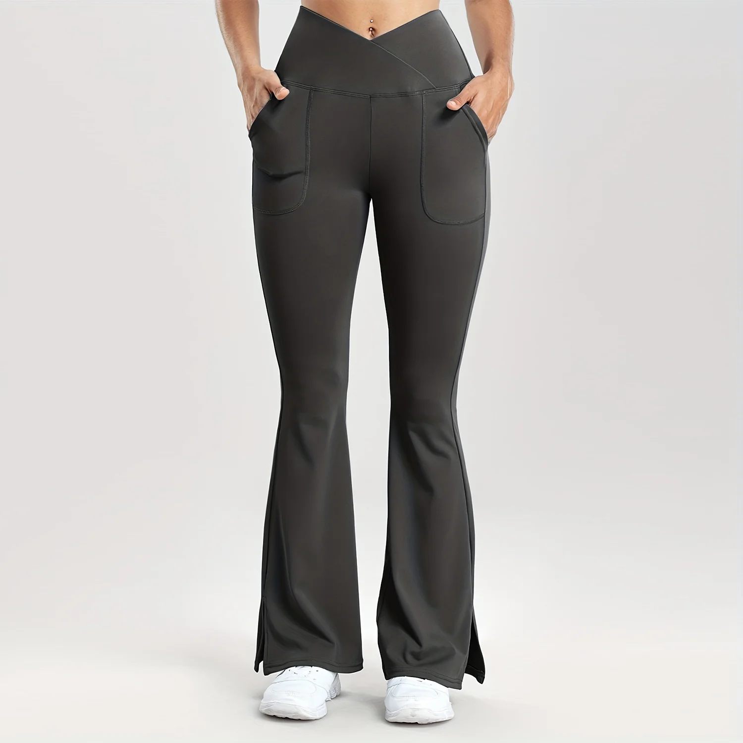 Frauen Casual Solide V-Taille Tasche Seite Vent Ausgestelltes Leggings Slim Fit Mode Streetwear Dame Hosen