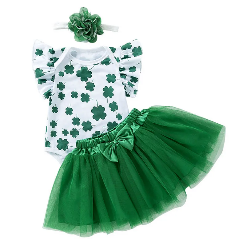 

Baby Girls Irish Day Outfits Clover Print Rompers and Elastic Tulle Skirt Headband Set Cute Summer Clothes