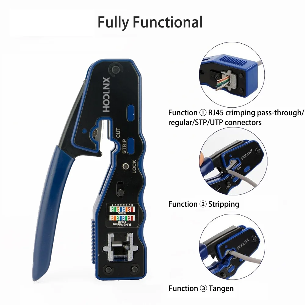 Hoolnx RJ45 Crimping Tool Pass Through rj45 Crimper Wire Stripper Cutter For CAT6 CAT5E 8P8C Pass Thru RJ45 Modular Connector