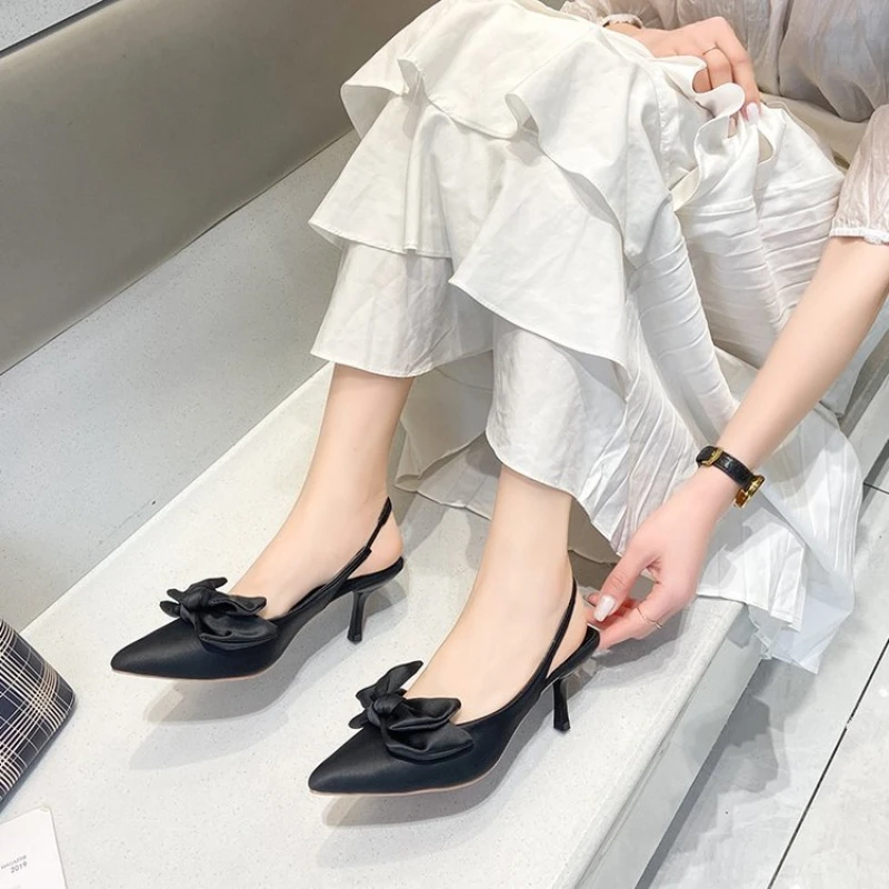 Women's Slingback High Heels Sandals 2024 Summer Fashion Bow-knot Pointed Toe Slip on Slippers Ladies Elegant Dress Pumps Shoes