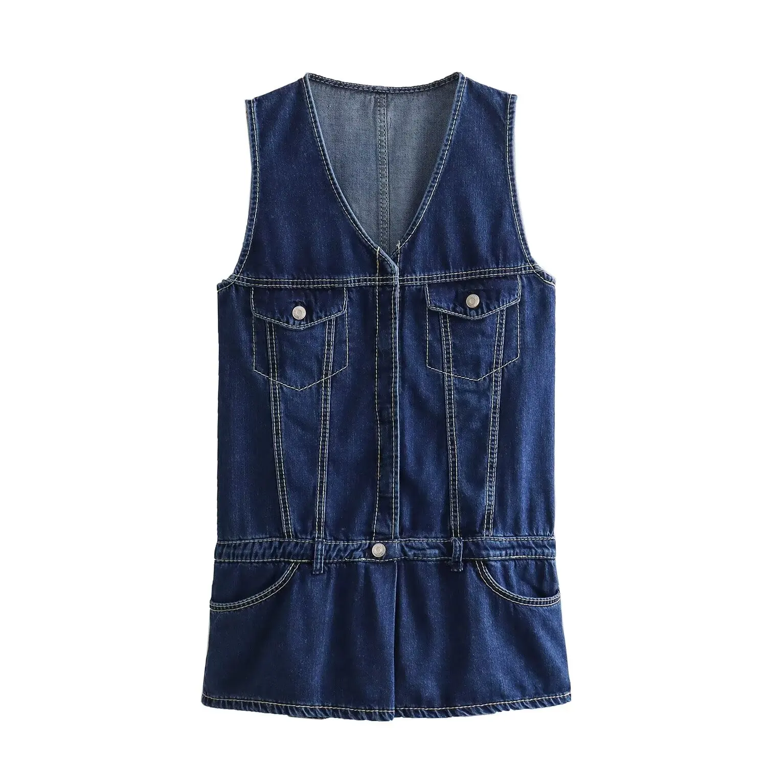 

TRAFZA Women Elegant Summer Sleeveless Dew Shoulder Denim Jumpsuit Retro V Neck Pocket Metal Buckle Decorate Jumpsuit Mujer TRAF