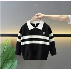 Spring and Autumn Boys 2024 Children's Fashion Round Neck Stripe Black and White Dual Color Long sleeved Sweater/2-10 Years Old