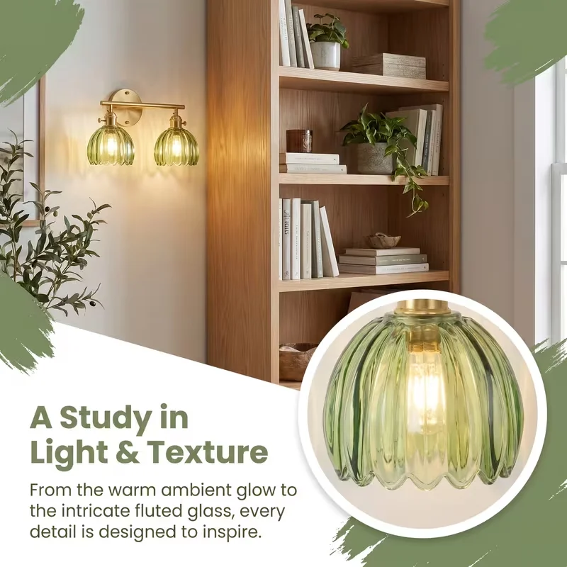Green 2-Light Wall Sconce with Fluted Glass Shades Antique Brass Finish Solid Stable Base Modern Bathroom Vanity Light Fixture Brushed Brass Wall Lamp for Mirror Bedroom Hallway Living Room