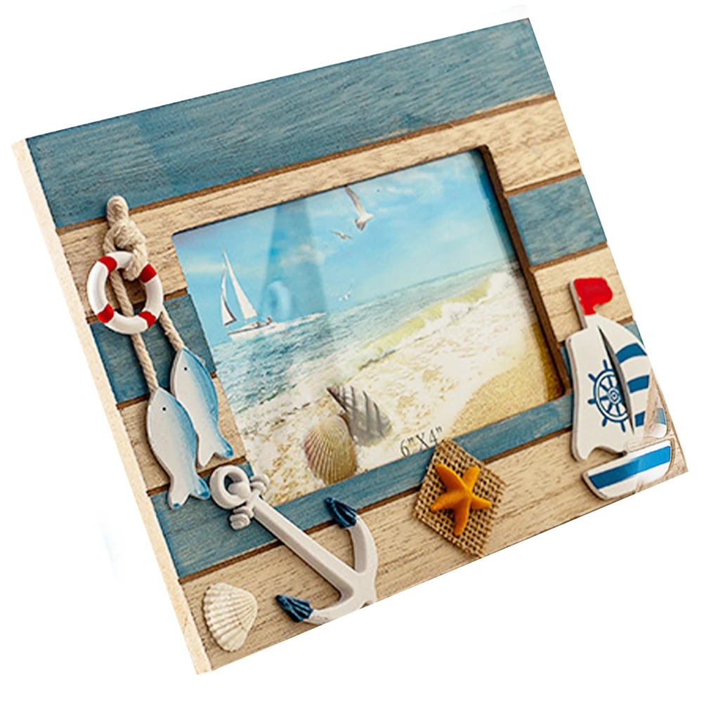 

Wooden Photo Frame 6 Inch Vintage Blue Mediterranean Style Home Decor Desktop Display Stable Base Picture Frames Simple
