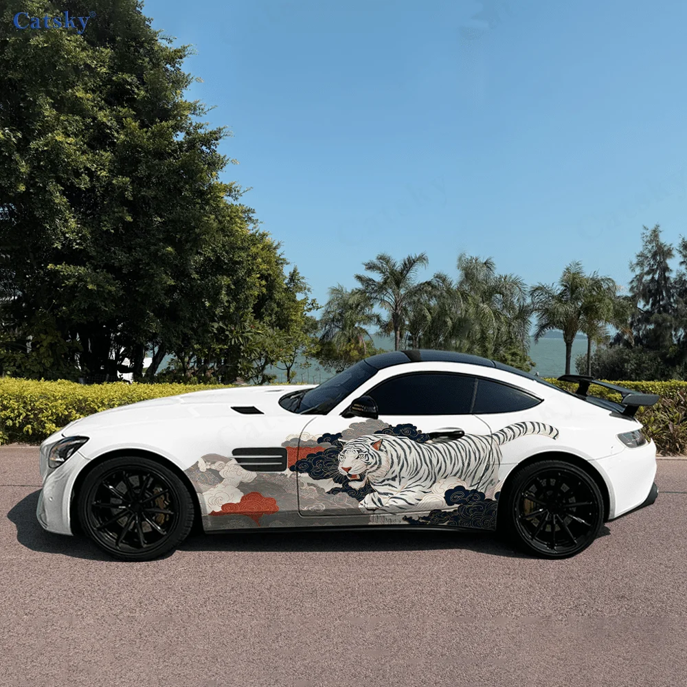 CATSKY.2pcs.Cool Traditional Tiger, Cloud Patterns & Wave Decorative Fitting Scratch-Resistant Car Wrap Sticker