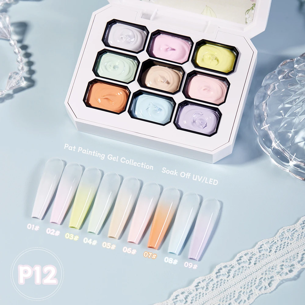 Vendeeni 9 Grid Macarons Patting Painting Gel Nail Polish Gradient Pat French Pure Color For Salon Gel Lacquer Palette