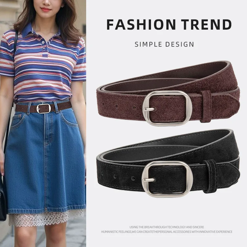

Fashionable Frosted Suede 2.8cm Wide Belt Women's Genuine Leather Cowhide Decorated Jeans Simple and High-end Needle-buckle Belt