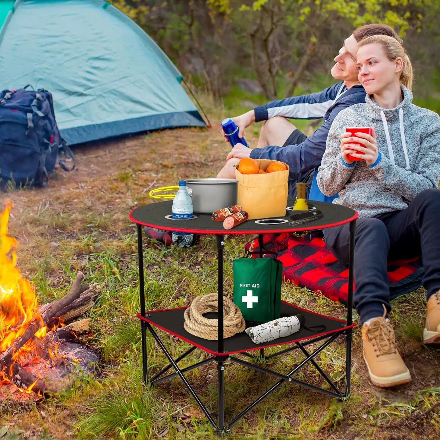 Canvas Beach Table for Outside with 4 Cup Holders & Carry Bags for Camping, Beach, Campfires and Tailgating