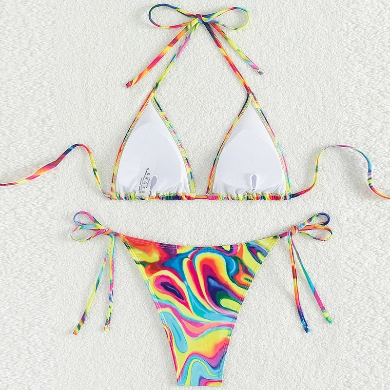 Strój kąpielowy z nadrukiem Rainbow Tie Dye dla kobiet, 2024 Nowe dwuczęściowe bikini z niską talią, seksowny strój kąpielowy z trójkątnymi miseczkami bez ramiączek