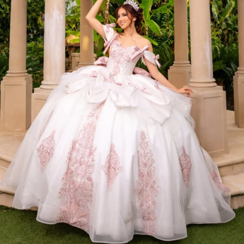 White Quinceanera Dress Pink Glitter Beadwork Crystal Decal Long tail off-shoulder Big Bow Vestidos De 15 Quinceanera ﻿Customize