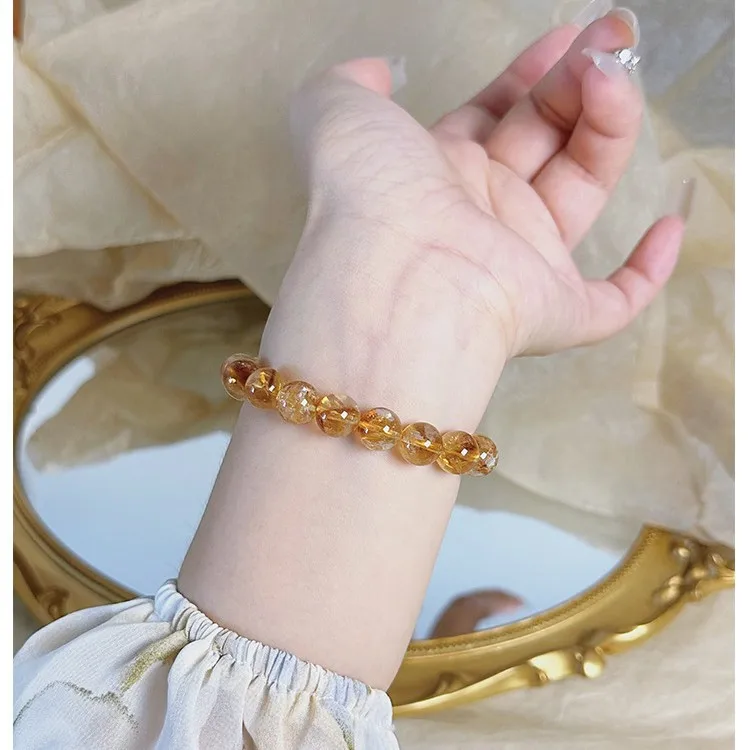 Natural Golden Rutilated Quartz Bracelet Brazilian Yellow Crystal Beaded Bracelet Wealth Charm Fashion Jewelry For Men Women
