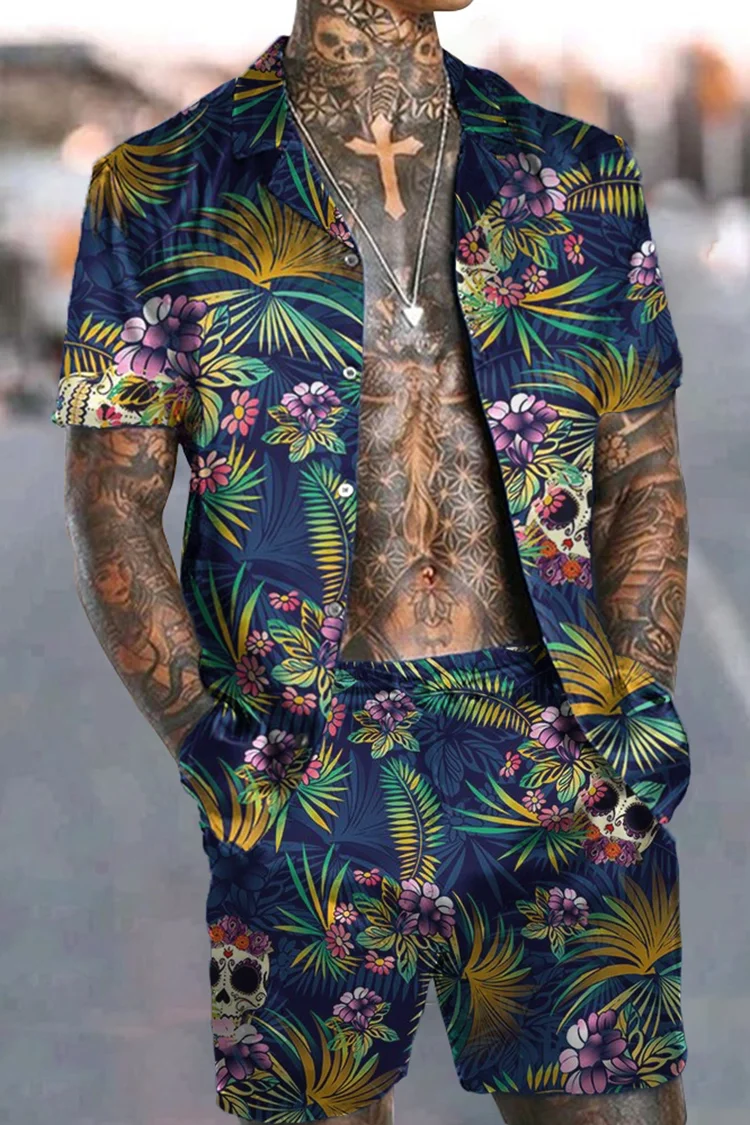 Fashion Men Sets Print Lapel 3D Print Short Sleeve Casual Hawaiian Shirt Beach Shorts 2 Pcs Set Vacation Hawaiian Man Suits