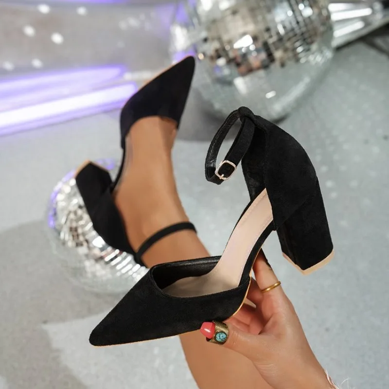 Women's Pointed Toe Pumps Thick Block Heel Suede Look Finish Ankle Strap Buckle D'Orsay Cutout Dressy Office Night Out Footwear