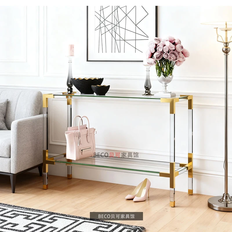 Entrance table Acrylic transparent glass strip table Stainless steel double-layer entrance table against t