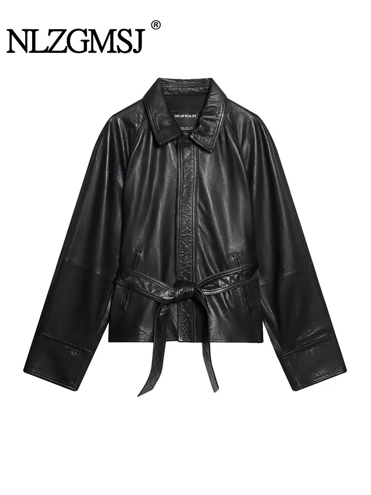 

NLZGMSJ Women Faux PU Leather Jacket 2025 Autumn Long Sleeve Coat Motorcycle Jackets Y2K Top With Belt