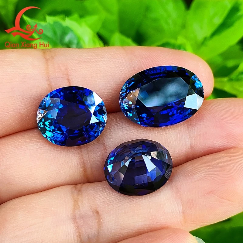 Oval shape Thailand cut Lab Created Sapphire  Gem Stone Royal Blue Color with Cracks And Inclusions Step Cut GRC